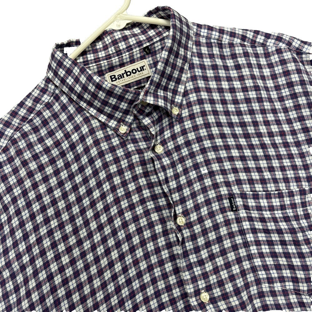 Barbour Shirt Mens XL 100% Linen Purple Tartan Plaid Long Sleeve Tailored Fit